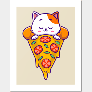 Cute Cat Sleeping On Pizza Cartoon Posters and Art